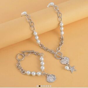 Simulated Pearl, Enameled Nugget and Star Charm Necklace